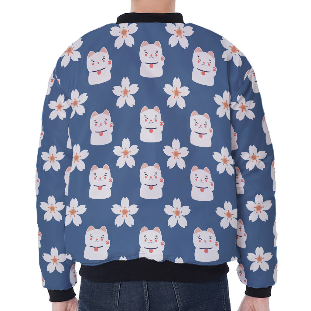 Japanese Lucky Cat And Sakura Print Zip Sleeve Bomber Jacket