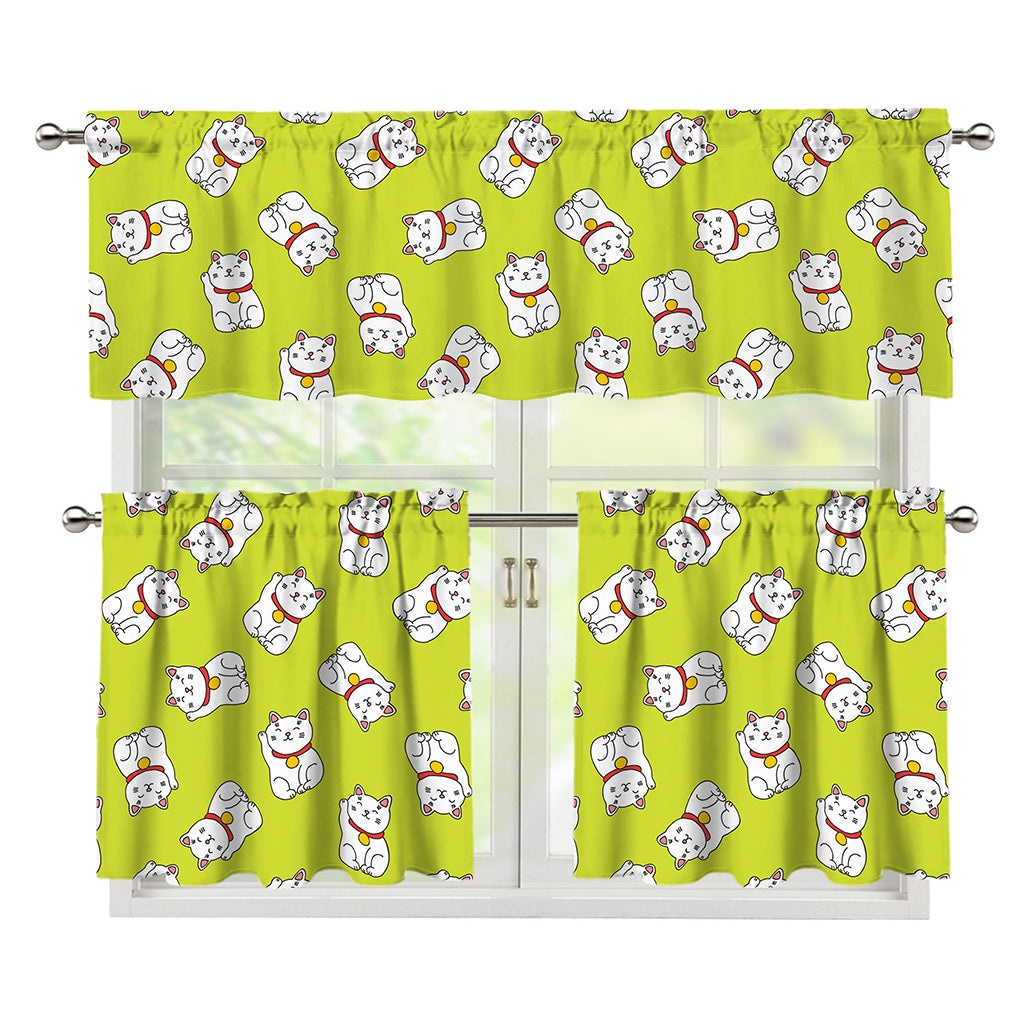 Japanese Lucky Cat Cartoon Print 3 Piece Kitchen Curtains