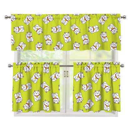 Japanese Lucky Cat Cartoon Print 3 Piece Kitchen Curtains