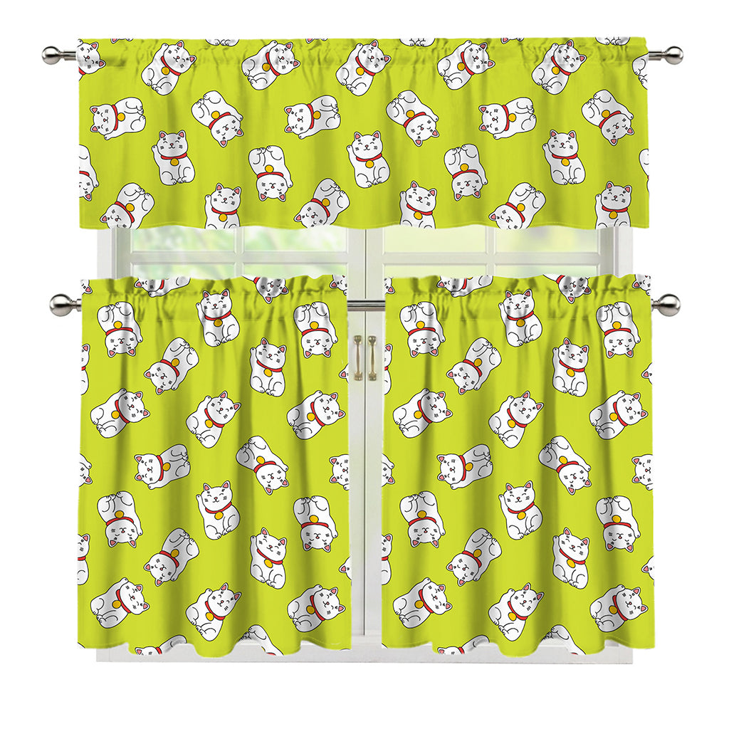 Japanese Lucky Cat Cartoon Print 3 Piece Kitchen Curtains