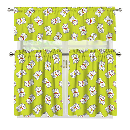 Japanese Lucky Cat Cartoon Print 3 Piece Kitchen Curtains