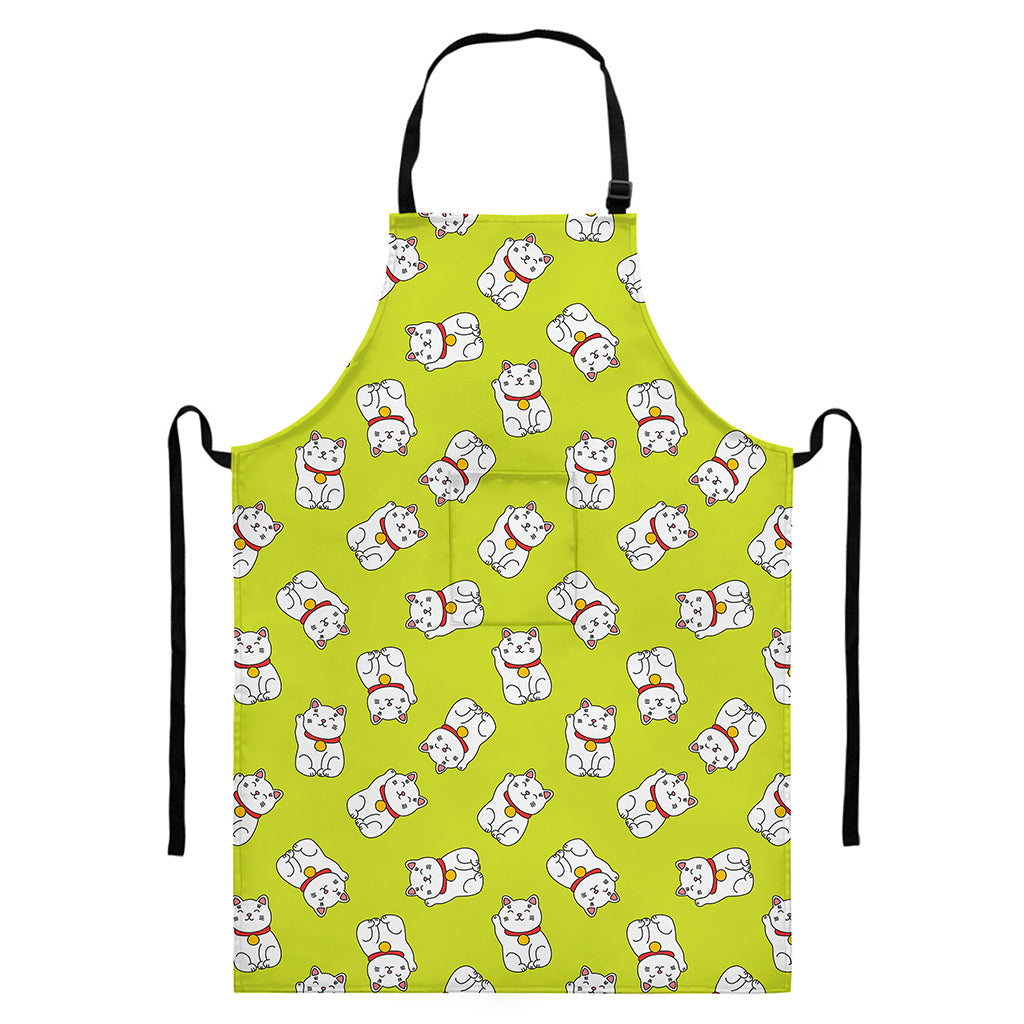 Japanese Lucky Cat Cartoon Print Bib Apron With Pocket