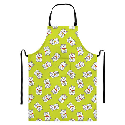Japanese Lucky Cat Cartoon Print Bib Apron With Pocket