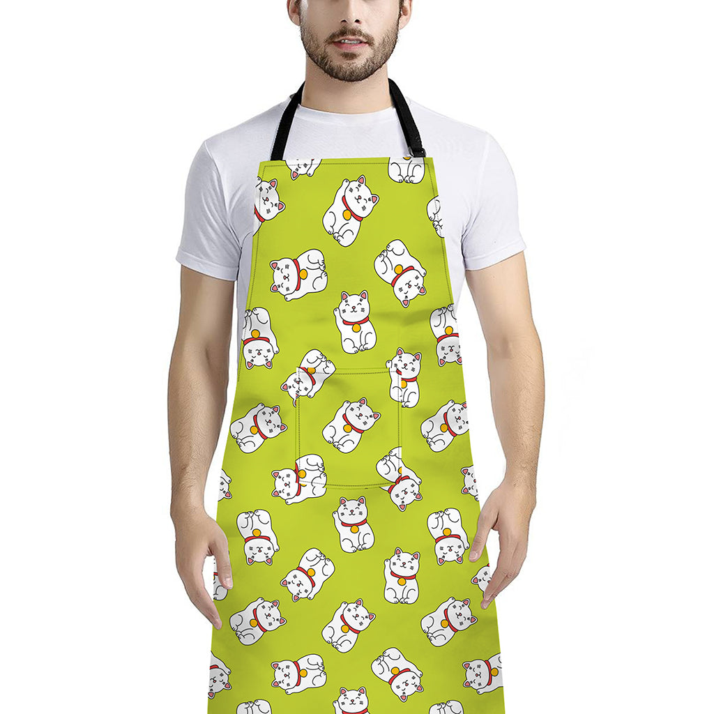Japanese Lucky Cat Cartoon Print Bib Apron With Pocket