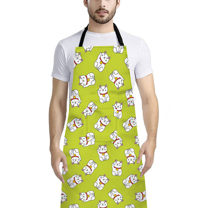Japanese Lucky Cat Cartoon Print Bib Apron With Pocket