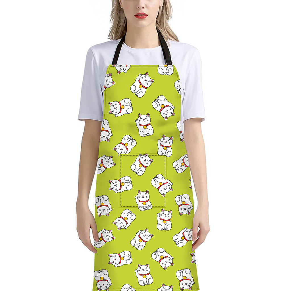 Japanese Lucky Cat Cartoon Print Bib Apron With Pocket