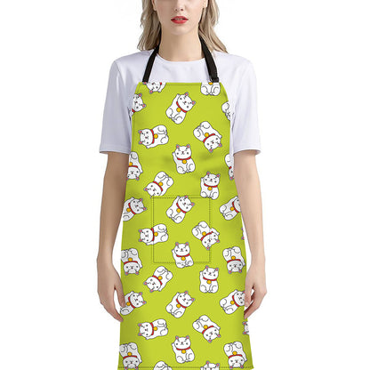 Japanese Lucky Cat Cartoon Print Bib Apron With Pocket