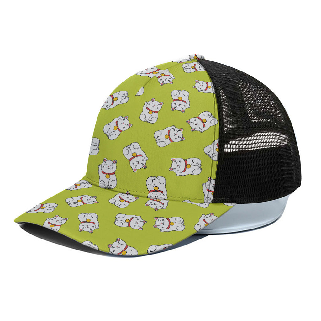 Japanese Lucky Cat Cartoon Print Black Mesh Trucker Cap