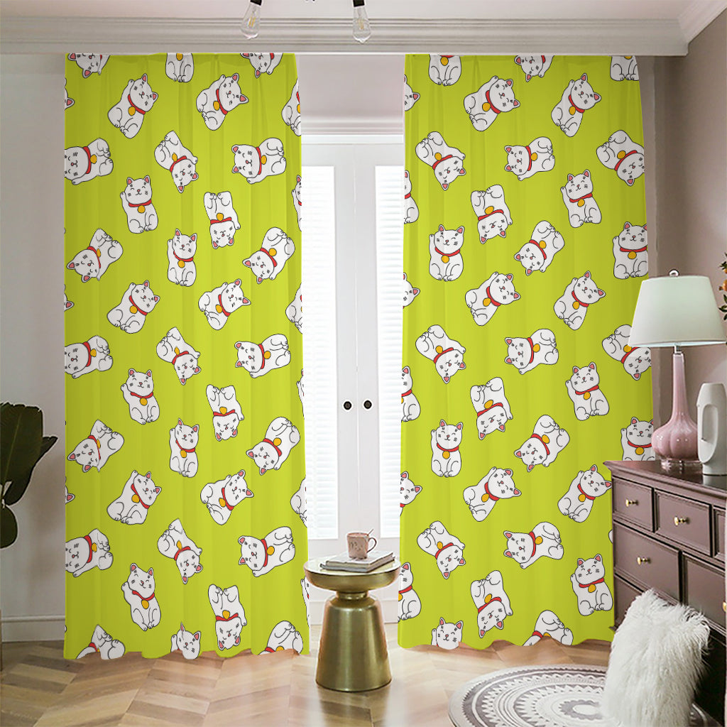Japanese Lucky Cat Cartoon Print Blackout Pencil Pleat Curtains
