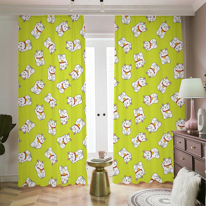 Japanese Lucky Cat Cartoon Print Blackout Pencil Pleat Curtains
