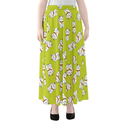 Japanese Lucky Cat Cartoon Print Chiffon Maxi Skirt