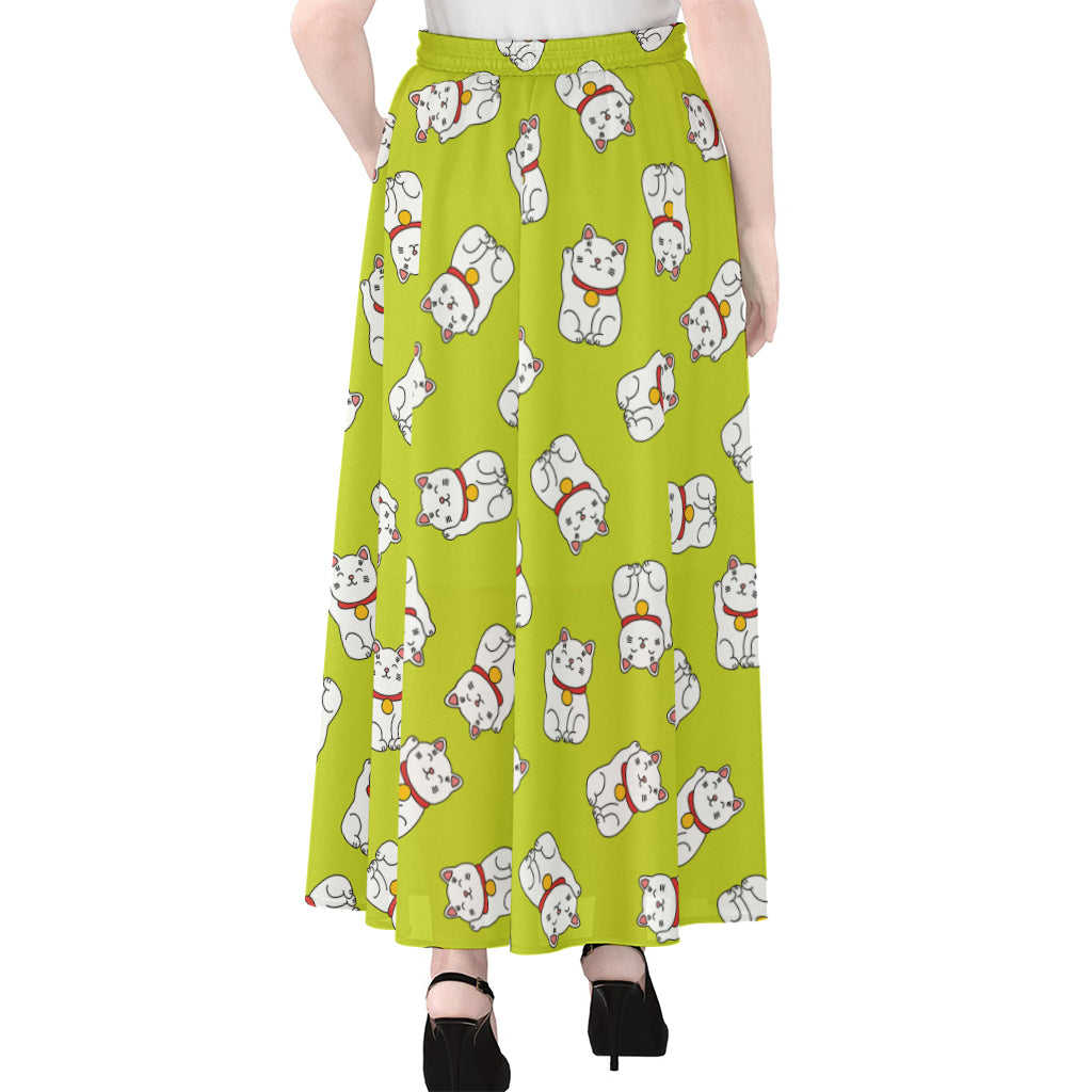 Japanese Lucky Cat Cartoon Print Chiffon Maxi Skirt