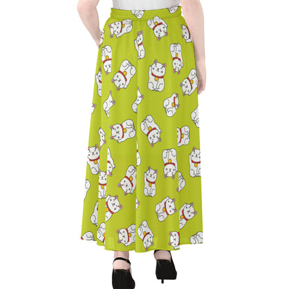 Japanese Lucky Cat Cartoon Print Chiffon Maxi Skirt