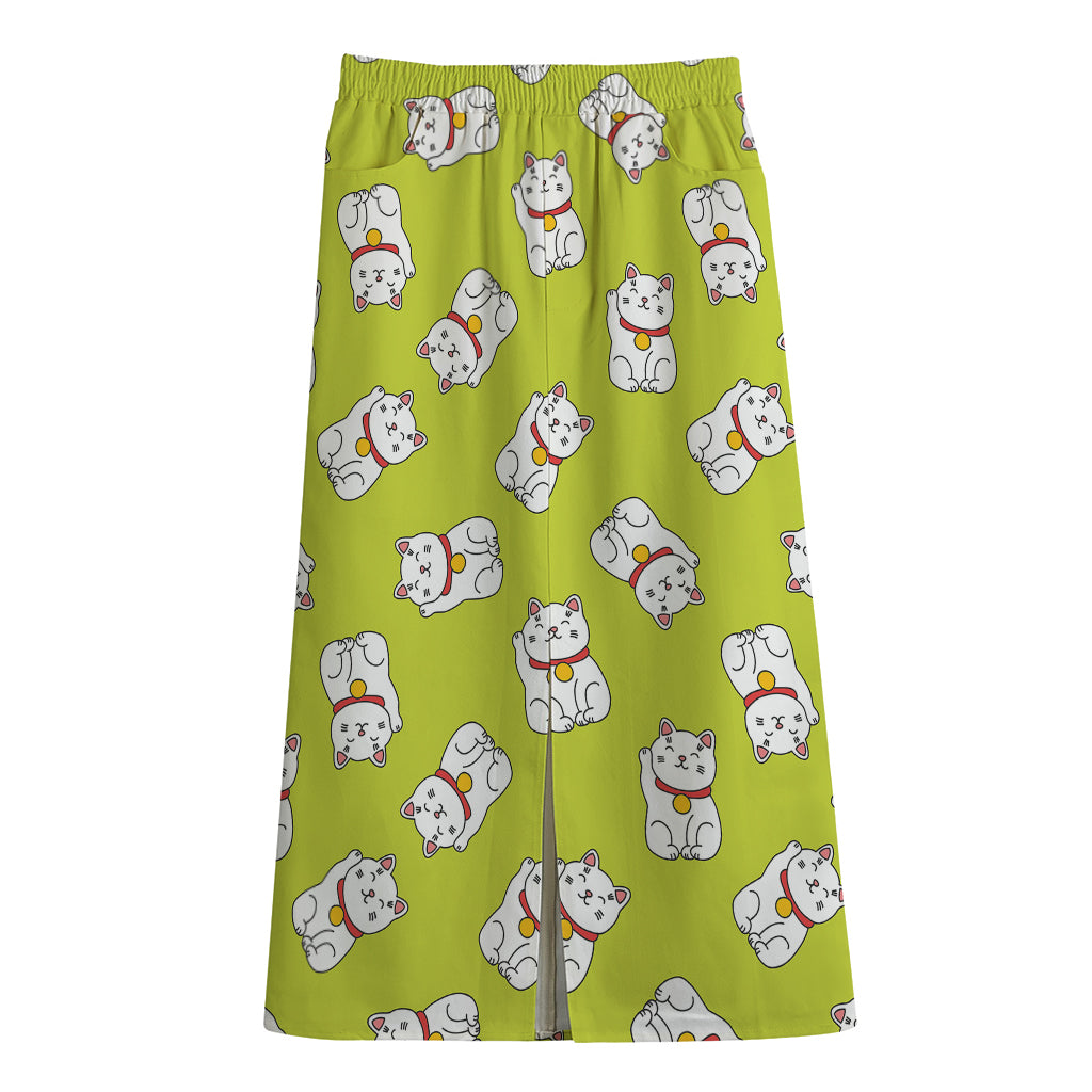 Japanese Lucky Cat Cartoon Print Cotton Front Slit Maxi Skirt