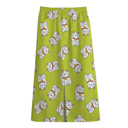 Japanese Lucky Cat Cartoon Print Cotton Front Slit Maxi Skirt