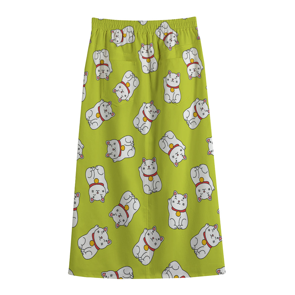 Japanese Lucky Cat Cartoon Print Cotton Front Slit Maxi Skirt
