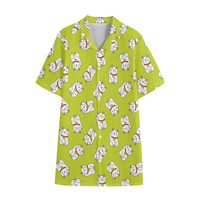 Japanese Lucky Cat Cartoon Print Cotton Hawaiian Shirt