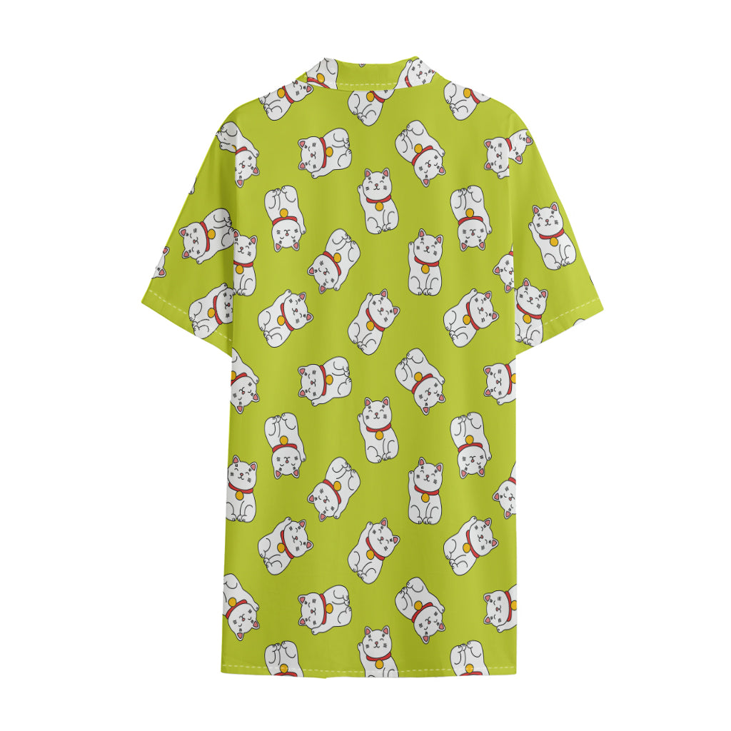 Japanese Lucky Cat Cartoon Print Cotton Hawaiian Shirt