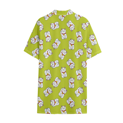 Japanese Lucky Cat Cartoon Print Cotton Hawaiian Shirt