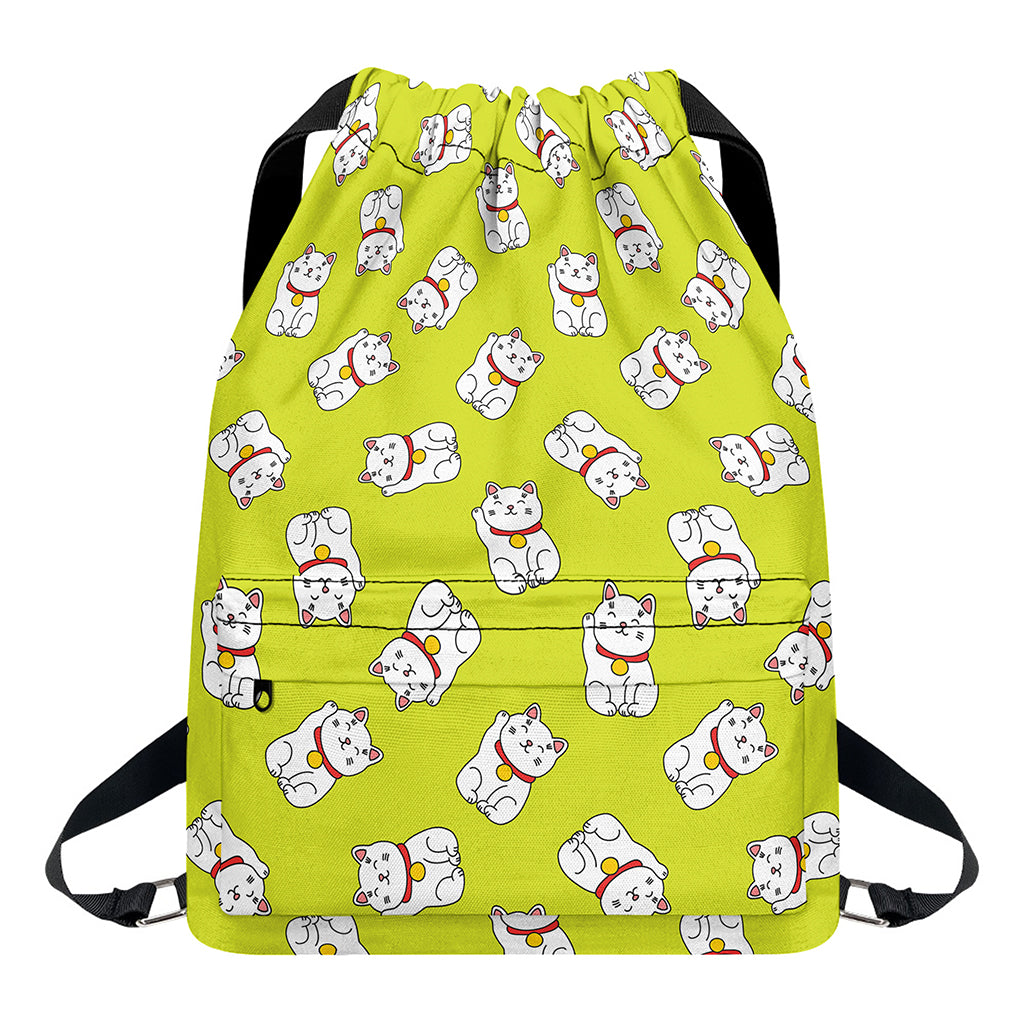 Japanese Lucky Cat Cartoon Print Drawstring Backpack