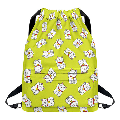 Japanese Lucky Cat Cartoon Print Drawstring Backpack