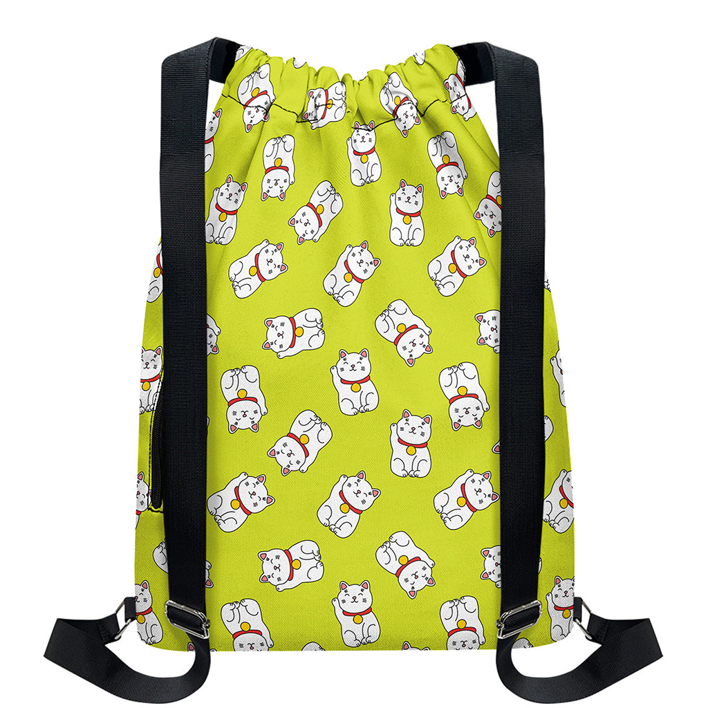 Japanese Lucky Cat Cartoon Print Drawstring Backpack