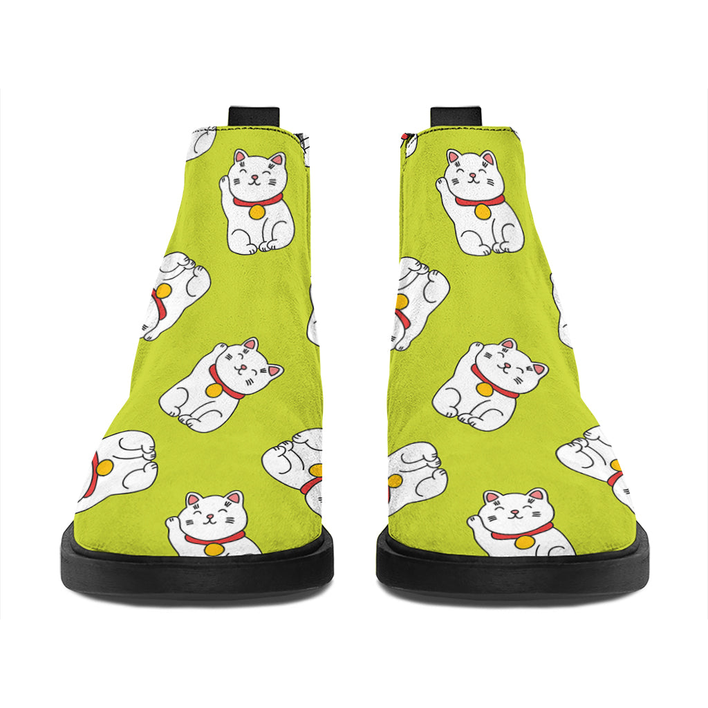 Japanese Lucky Cat Cartoon Print Flat Ankle Boots