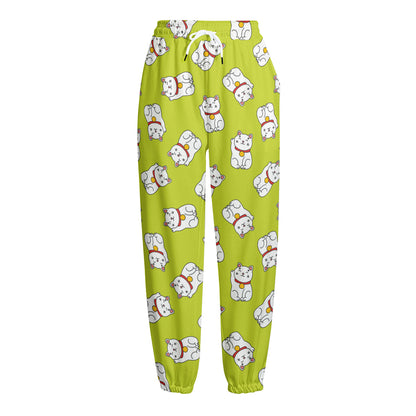 Japanese Lucky Cat Cartoon Print Fleece Lined Knit Pants