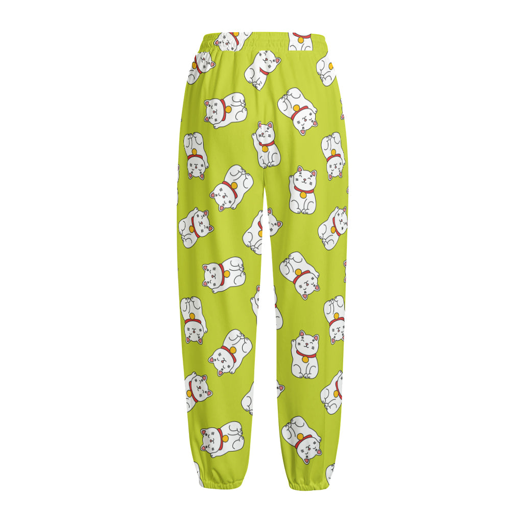 Japanese Lucky Cat Cartoon Print Fleece Lined Knit Pants