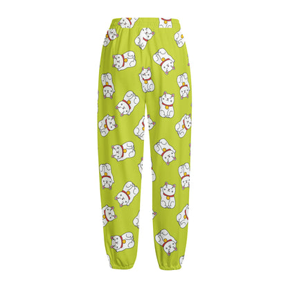 Japanese Lucky Cat Cartoon Print Fleece Lined Knit Pants
