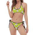 Japanese Lucky Cat Cartoon Print Halter Scoop Tie Side Bikini