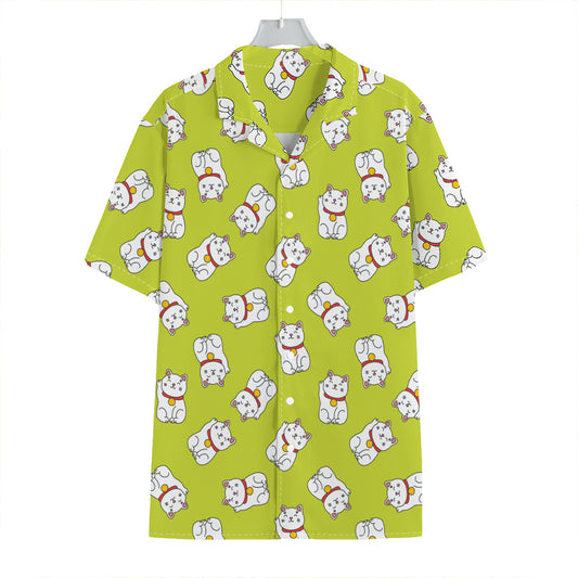 Japanese Lucky Cat Cartoon Print Hawaiian Shirt
