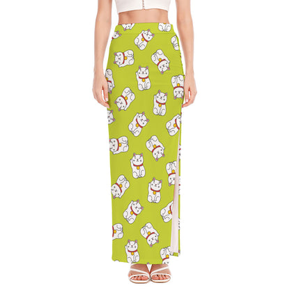 Japanese Lucky Cat Cartoon Print High Slit Maxi Skirt
