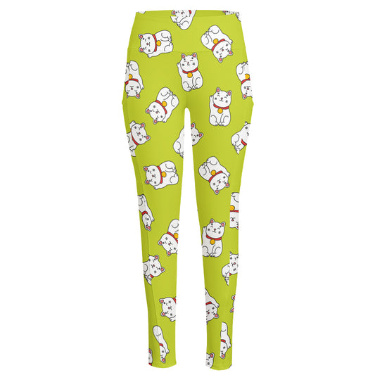 Japanese Lucky Cat Cartoon Print High-Waisted Pocket Leggings