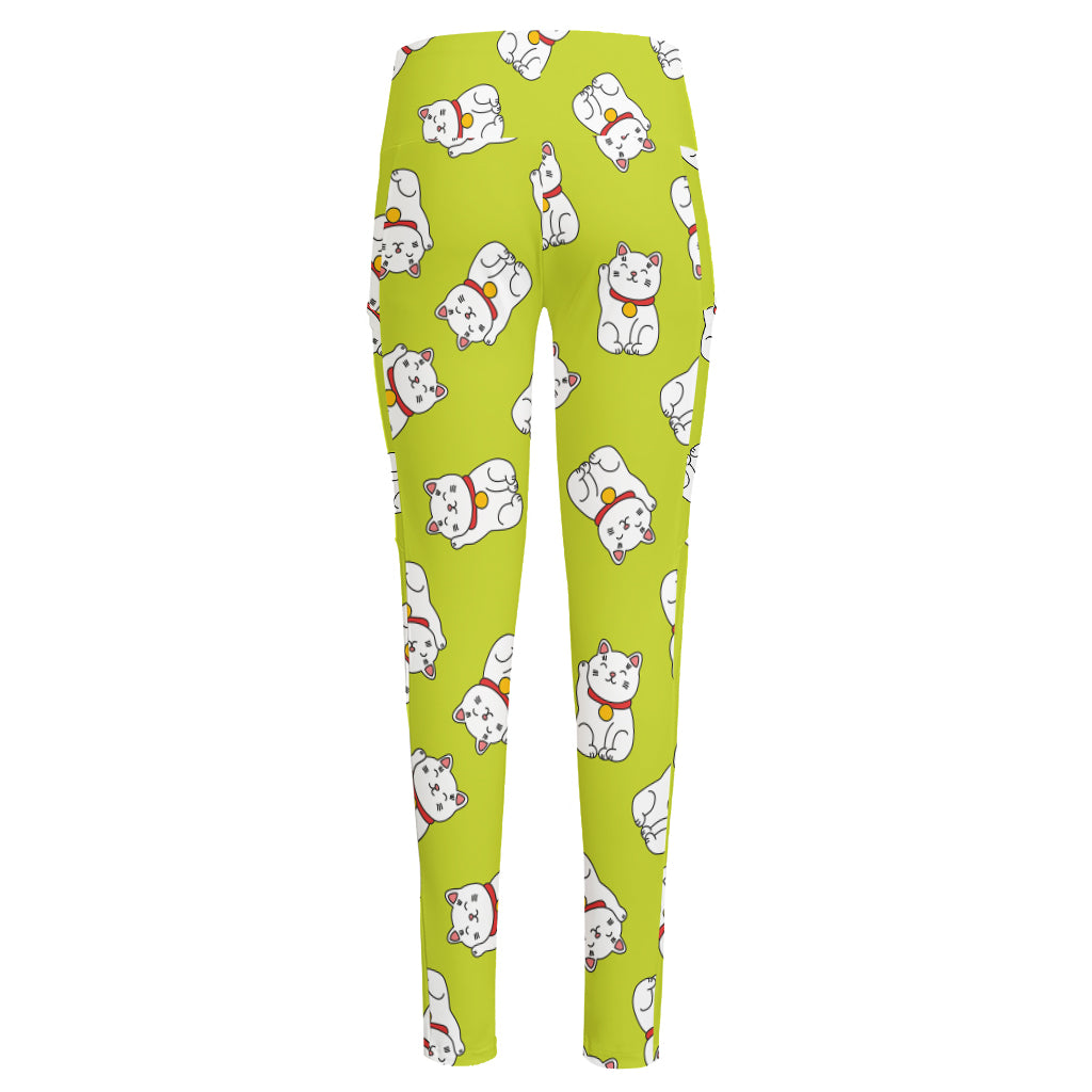 Japanese Lucky Cat Cartoon Print High-Waisted Pocket Leggings