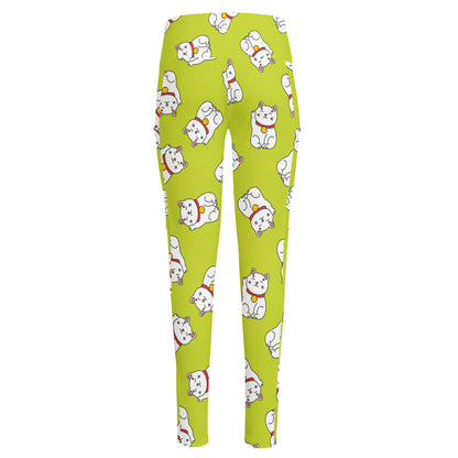 Japanese Lucky Cat Cartoon Print High-Waisted Pocket Leggings