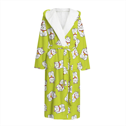 Japanese Lucky Cat Cartoon Print Hooded Bathrobe
