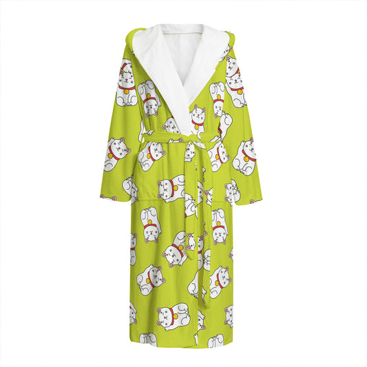 Japanese Lucky Cat Cartoon Print Hooded Bathrobe