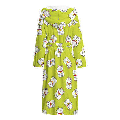 Japanese Lucky Cat Cartoon Print Hooded Bathrobe