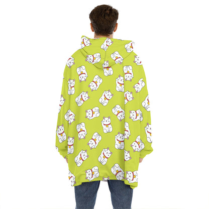Japanese Lucky Cat Cartoon Print Hoodie Blanket