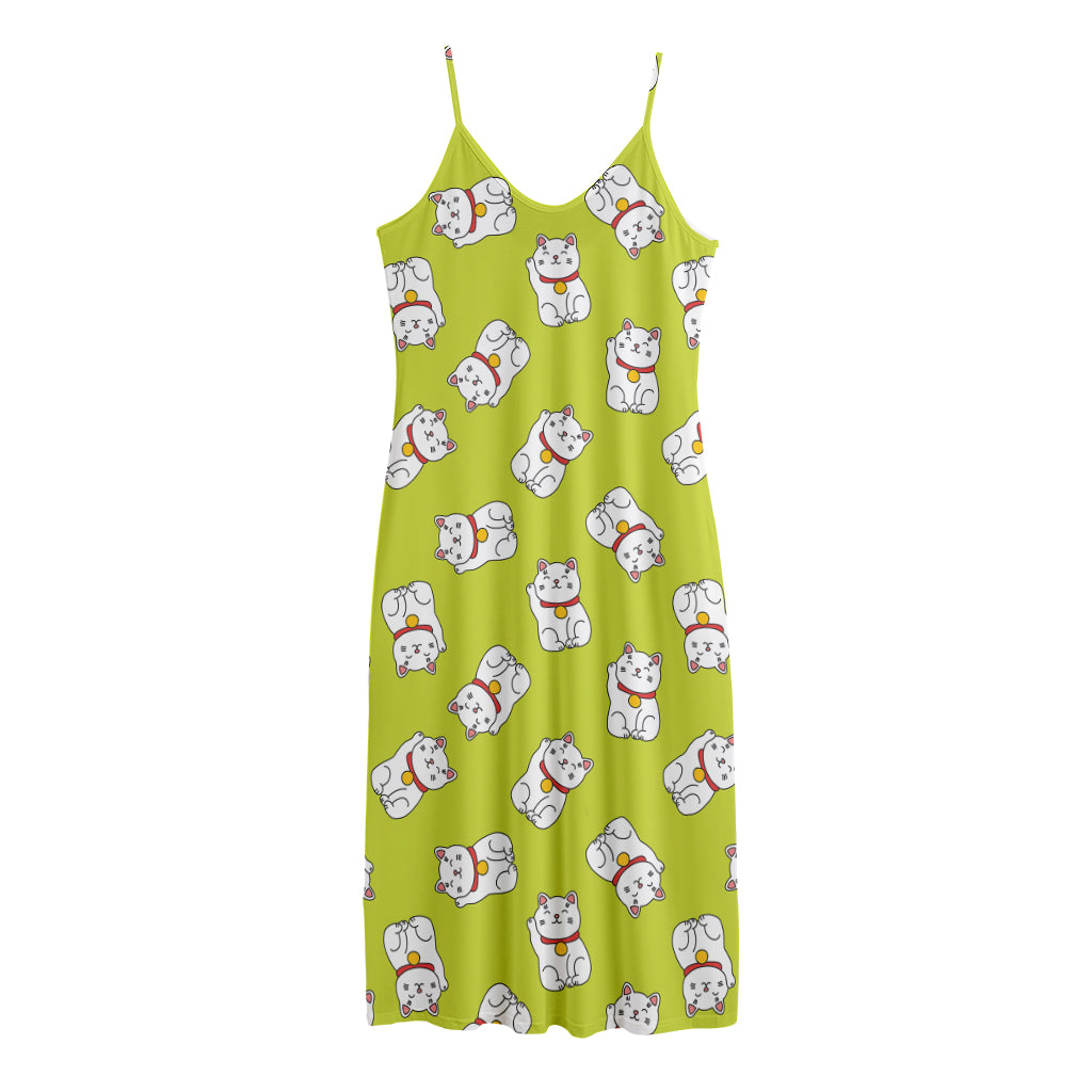 Japanese Lucky Cat Cartoon Print Jersey Midi Cami Dress