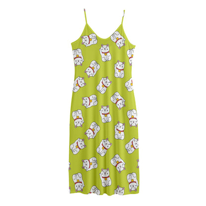 Japanese Lucky Cat Cartoon Print Jersey Midi Cami Dress