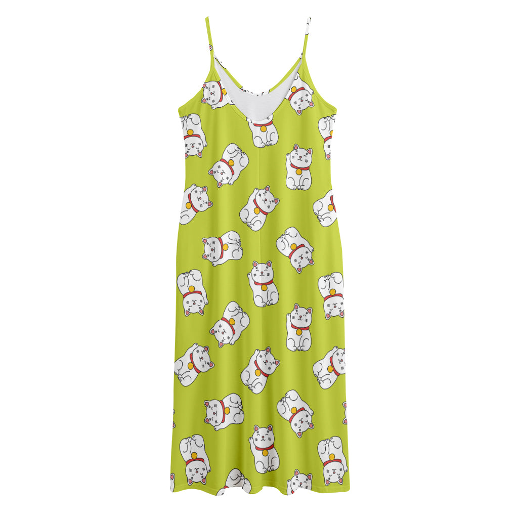 Japanese Lucky Cat Cartoon Print Jersey Midi Cami Dress