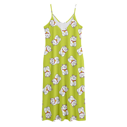 Japanese Lucky Cat Cartoon Print Jersey Midi Cami Dress