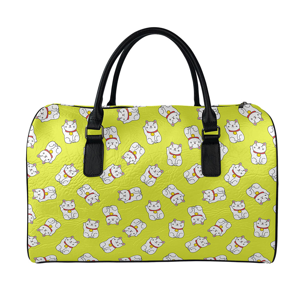 Japanese Lucky Cat Cartoon Print Leather Duffle Bag