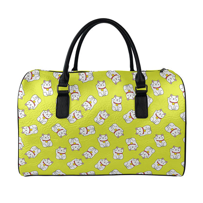 Japanese Lucky Cat Cartoon Print Leather Duffle Bag