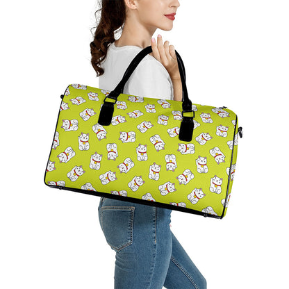 Japanese Lucky Cat Cartoon Print Leather Duffle Bag
