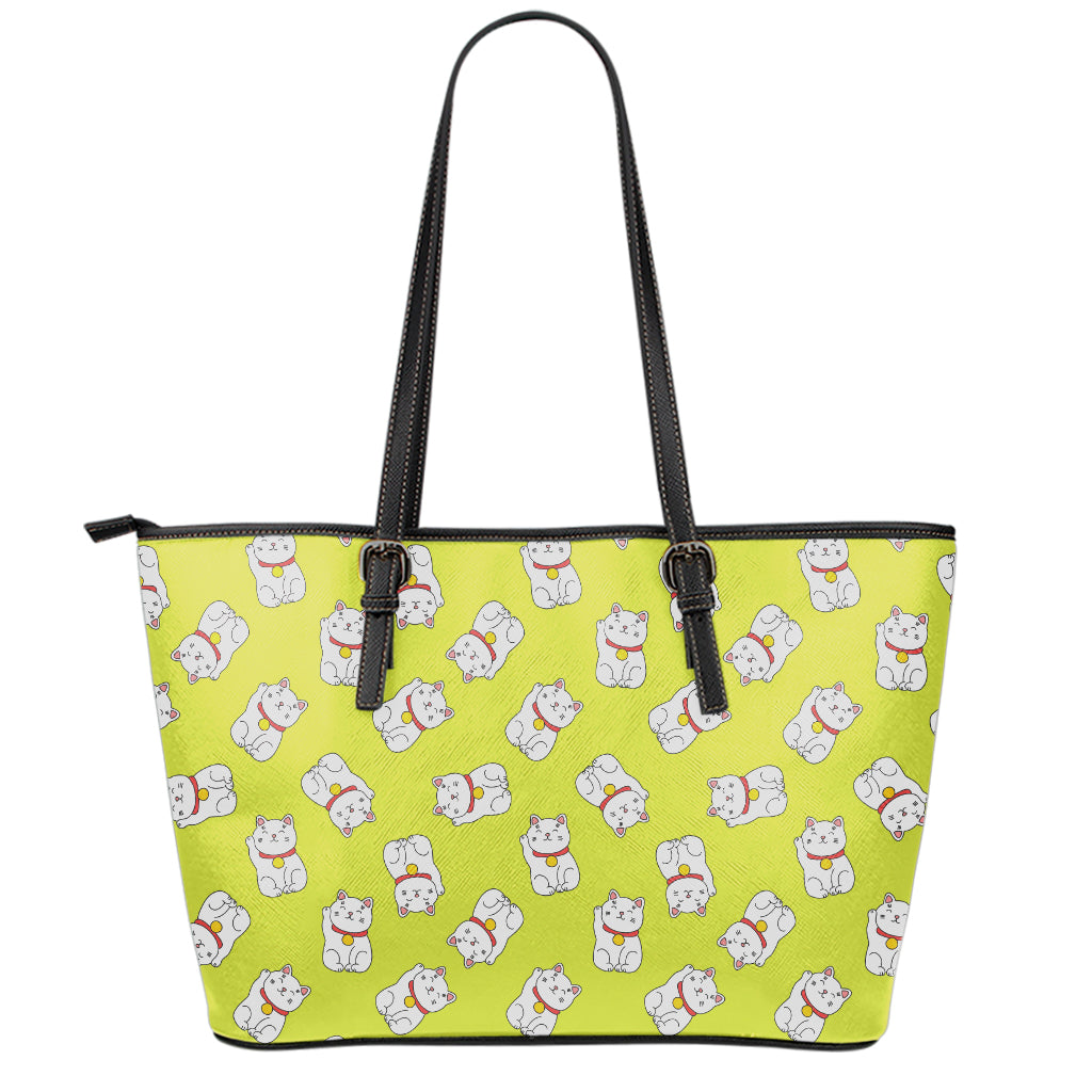 Japanese Lucky Cat Cartoon Print Leather Tote Bag