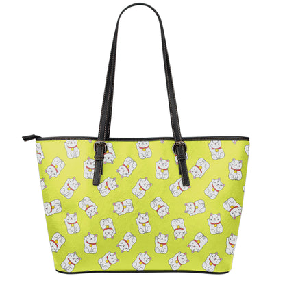 Japanese Lucky Cat Cartoon Print Leather Tote Bag