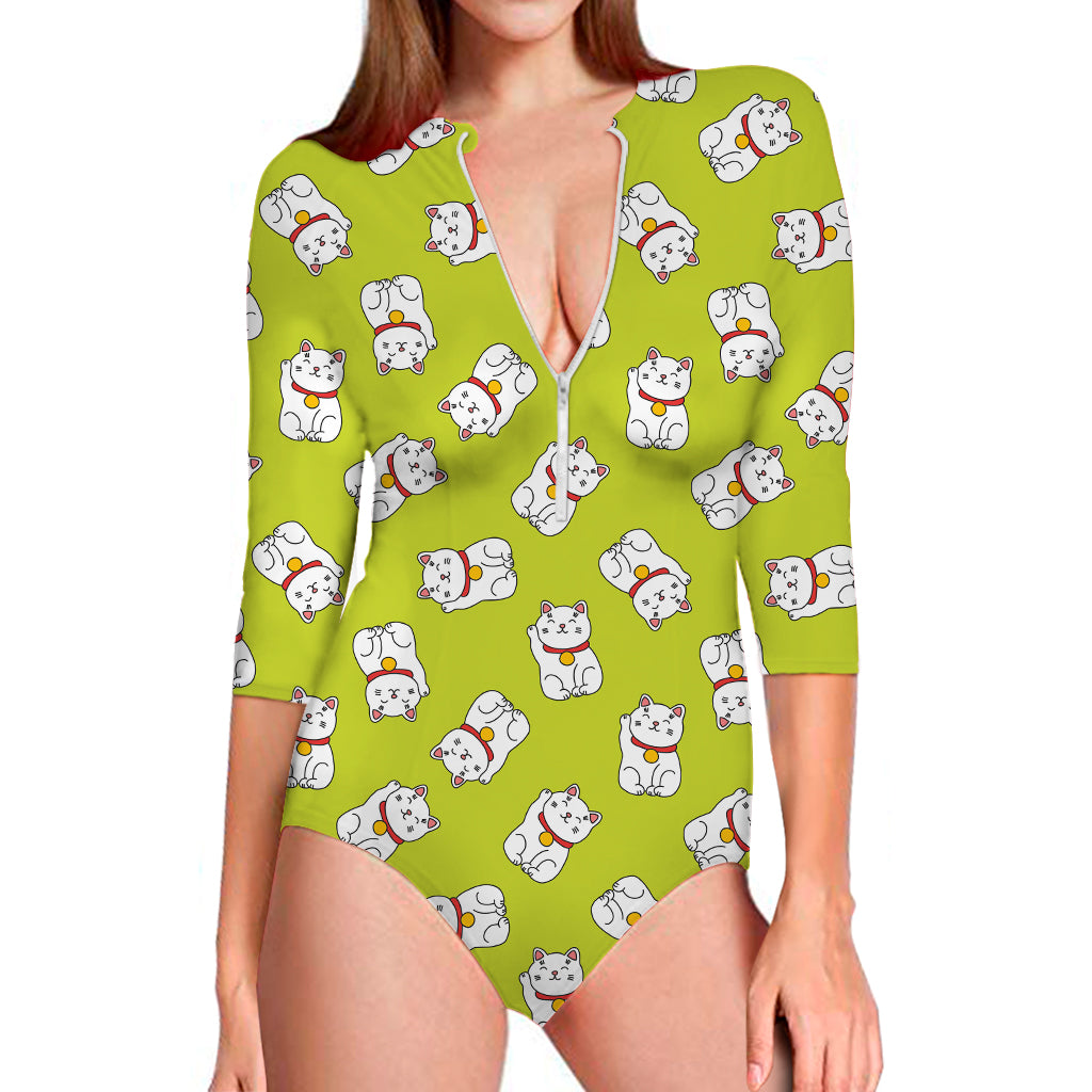 Japanese Lucky Cat Cartoon Print Long Sleeve Swimsuit